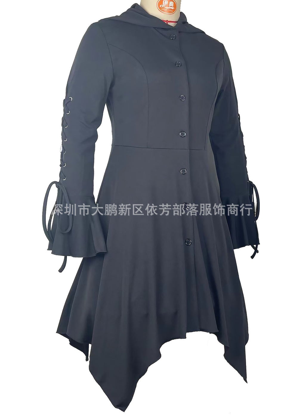 Chic Eyelet Lace-Up Hooded Cape Coat with Ruffle Sleeves Purple