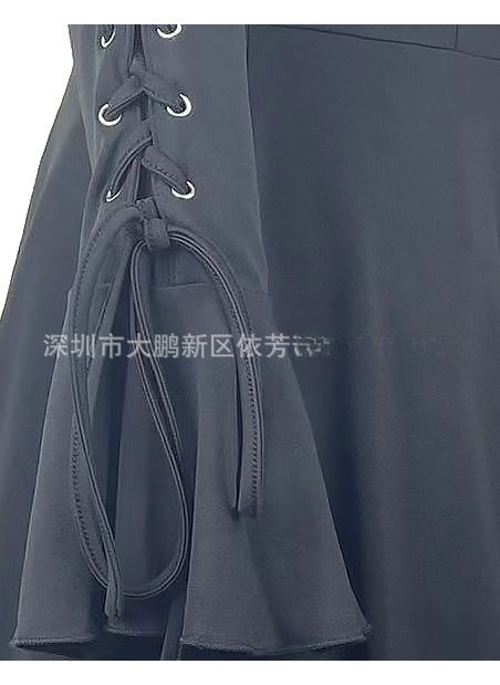 Chic Eyelet Lace-Up Hooded Cape Coat with Ruffle Sleeves Purple