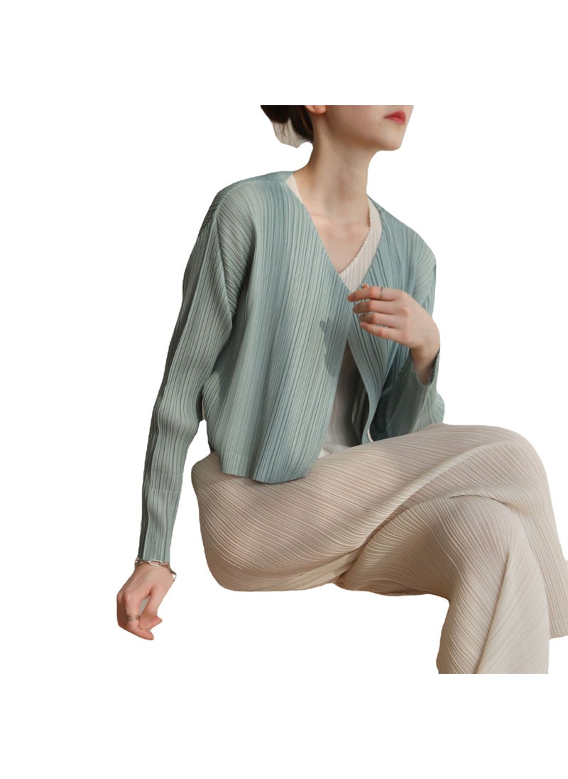 2022 Autumn Spring Pleated Cardigan Slim Fit Solid Color Long Sleeve Jacket Black