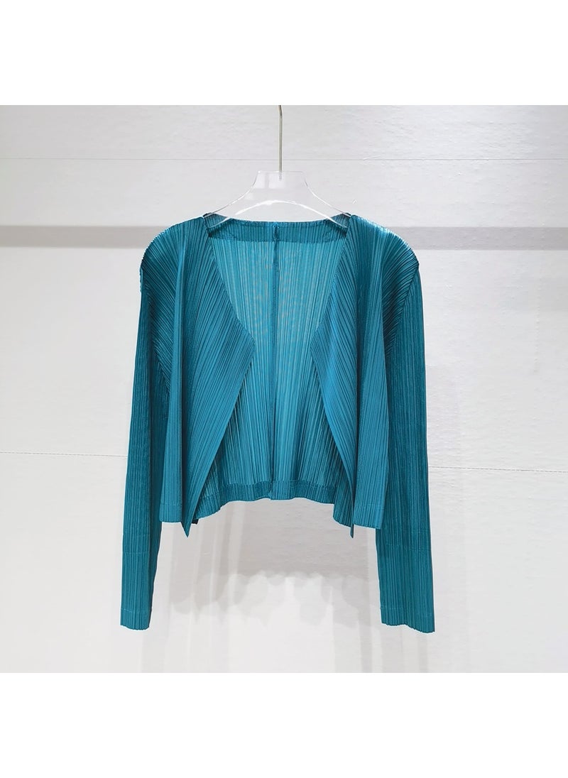 2022 Autumn Spring Pleated Cardigan Slim Fit Solid Color Long Sleeve Jacket Army Green