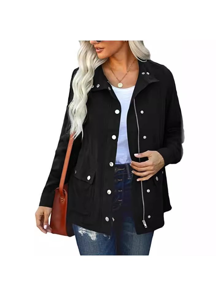 2022 Fashion Solid Cardigan with Pockets Black.