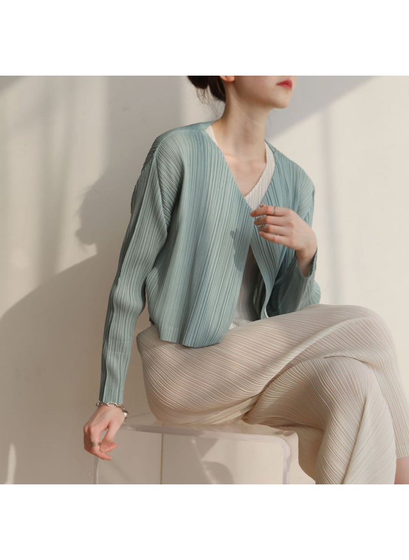 2022 Autumn Spring Pleated Cardigan Slim Fit Solid Color Long Sleeve Jacket Light Curry
