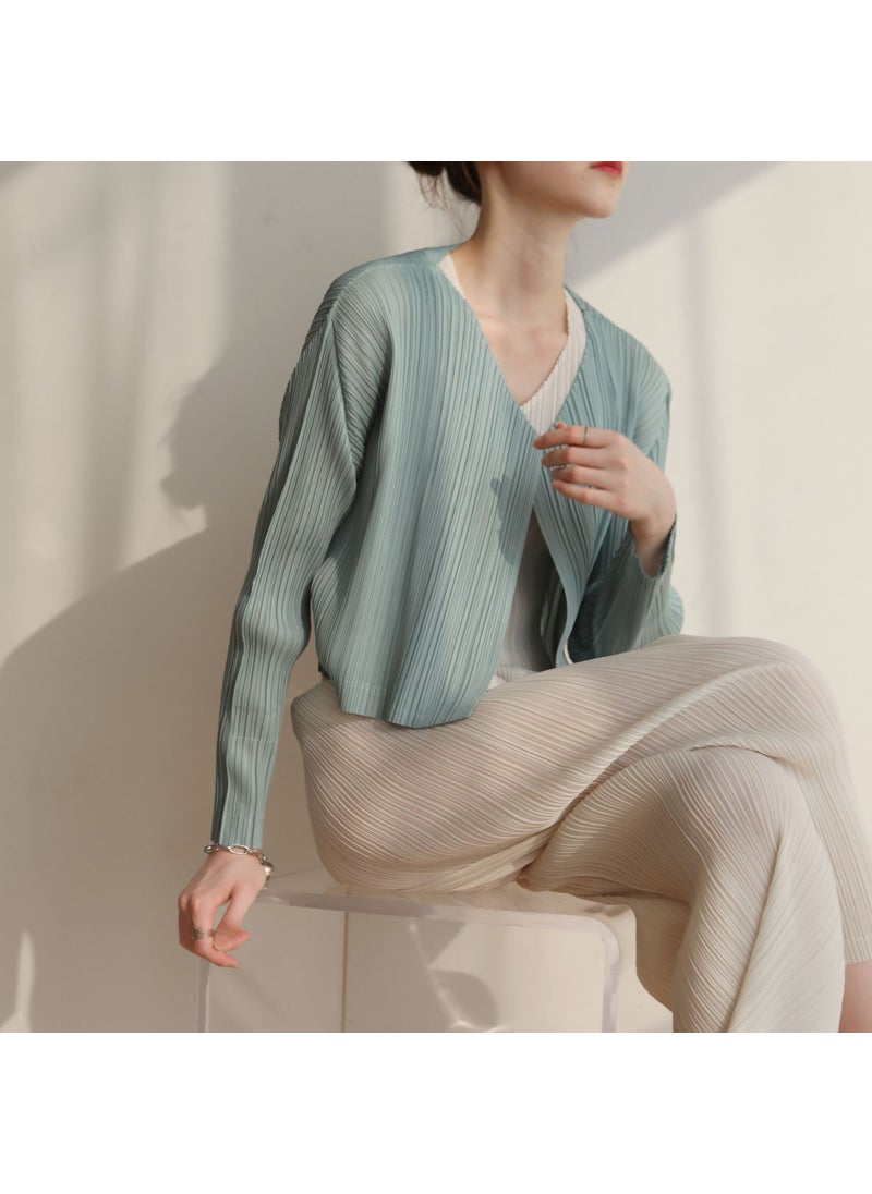 2022 Autumn Spring Pleated Cardigan Slim Fit Solid Color Long Sleeve Jacket Light Curry