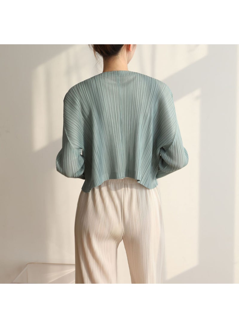 2022 Autumn Spring Pleated Cardigan Slim Fit Solid Color Long Sleeve Jacket Light Curry