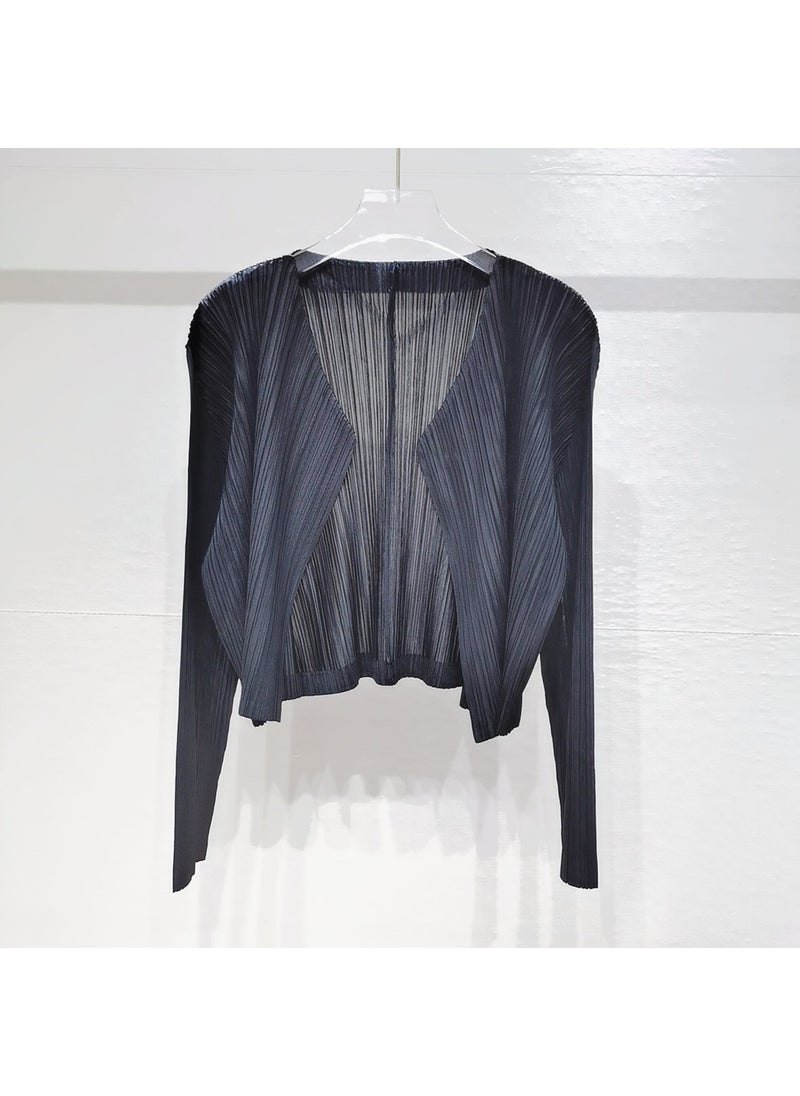 2022 Autumn Spring Pleated Cardigan Slim Fit Solid Color Long Sleeve Jacket Light Curry