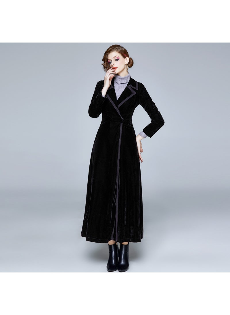 Velvet Trench Coat Long Skirt Womens Outwear Navy