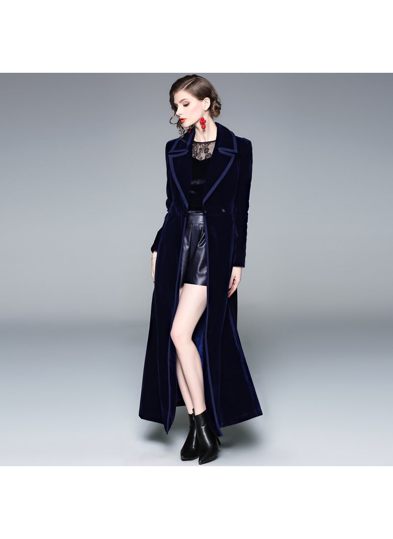 Velvet Trench Coat Long Skirt Womens Outwear Navy