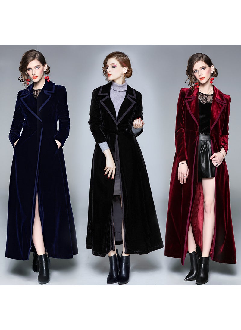 Velvet Trench Coat Long Skirt Womens Outwear Navy