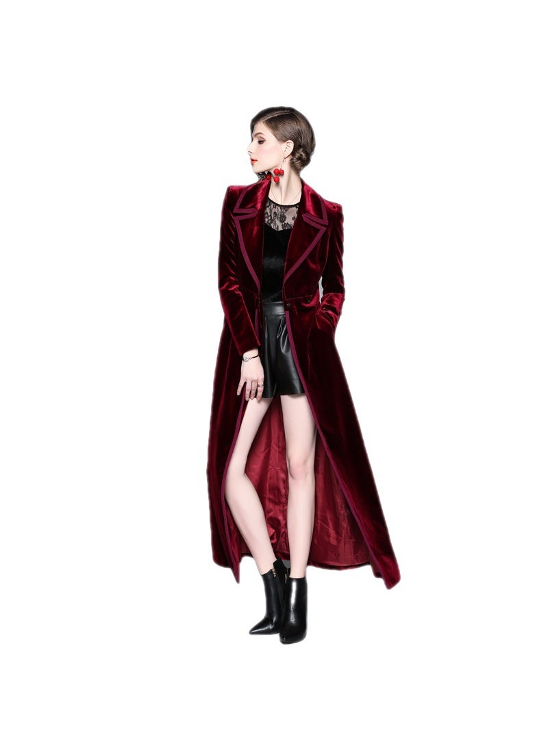 Velvet Trench Coat Long Skirt Womens Outwear Black