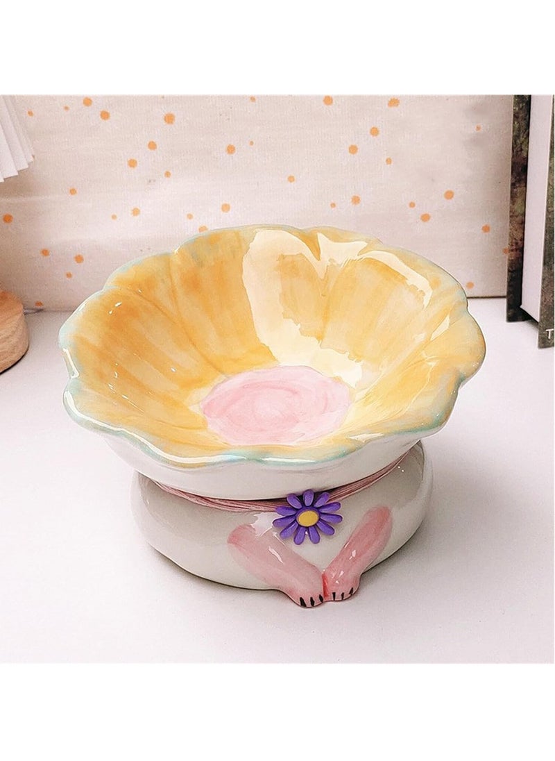 Cat Bowl Elevated Cute Flower Shape Cat Food and Water Bowl Cat Feeding Bowl for Cats and Dogs Pets (Yellow)