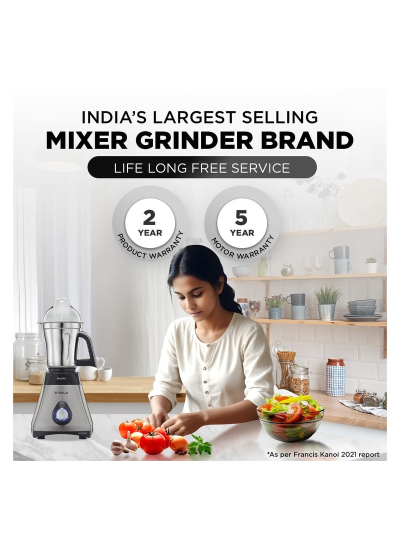 Preethi Steel Supreme MG-208 mixer grinder, 750 watt (Silver/ Black), 4 jars - Super Extractor juicer Jar, Vega W5 motor with 5yr Warranty & Lifelong Free Service