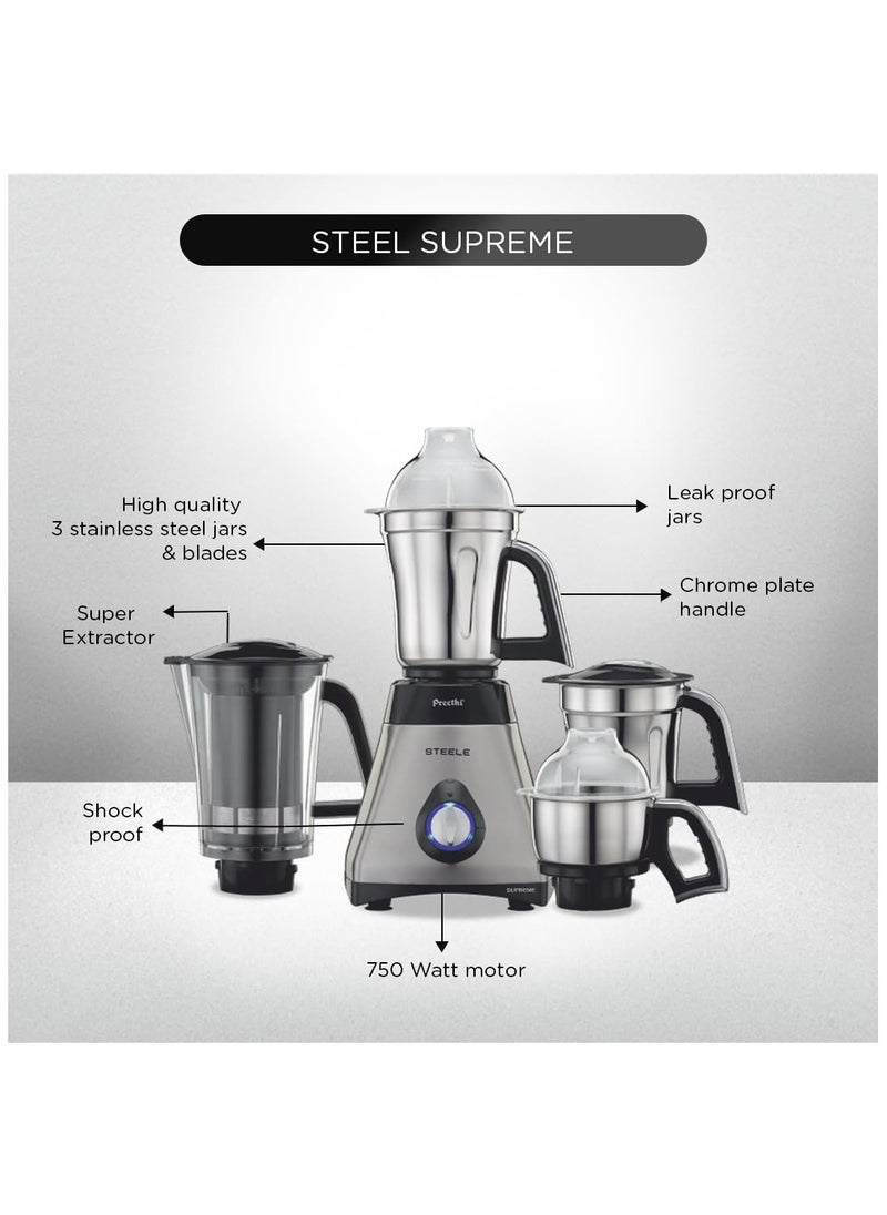 Preethi Steel Supreme MG-208 mixer grinder, 750 watt (Silver/ Black), 4 jars - Super Extractor juicer Jar, Vega W5 motor with 5yr Warranty & Lifelong Free Service