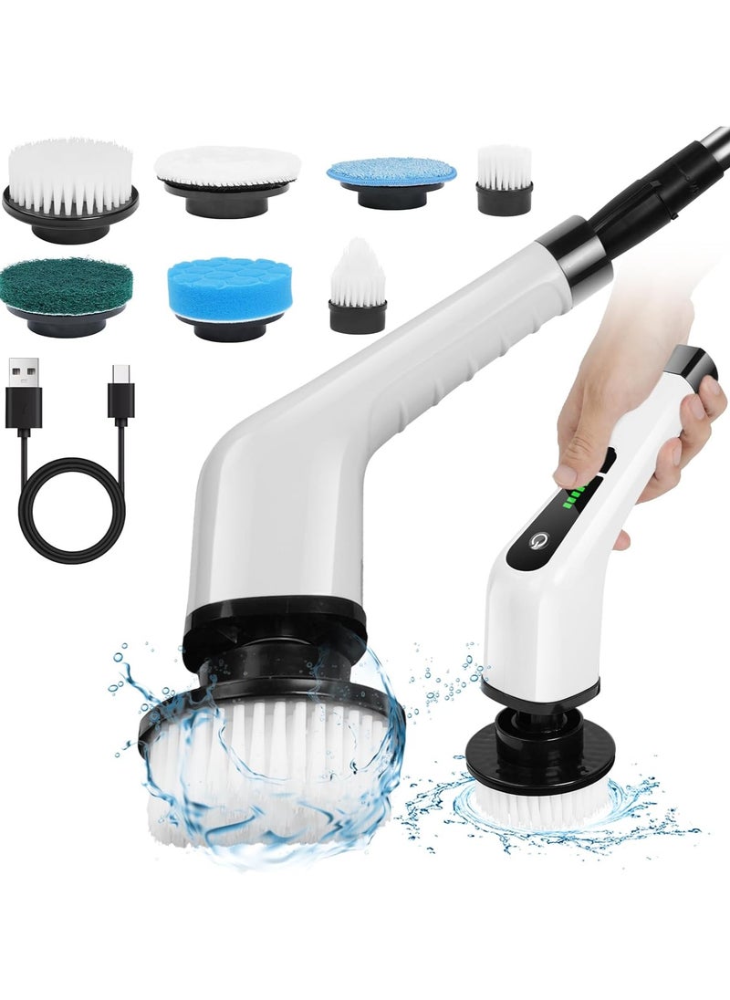 Electric Spin Scrubber, Cordless Cleaning Brush, Shower Cleaning Brush with 8 Replaceable Brush Heads, Tub and Floor Tile 360 Power Scrubber Dual Speed with Adjustable & Detachable Handle