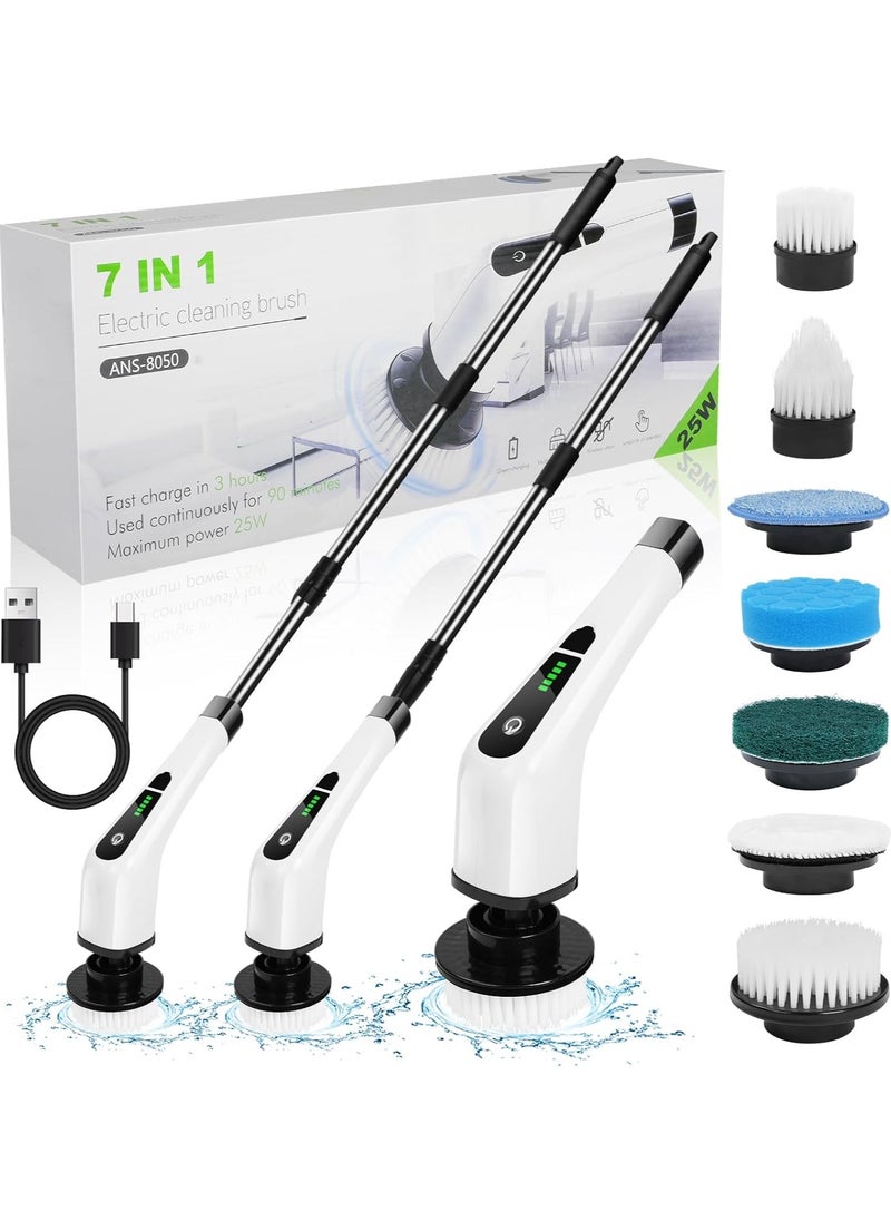 Electric Spin Scrubber, Cordless Cleaning Brush, Shower Cleaning Brush with 8 Replaceable Brush Heads, Tub and Floor Tile 360 Power Scrubber Dual Speed with Adjustable & Detachable Handle