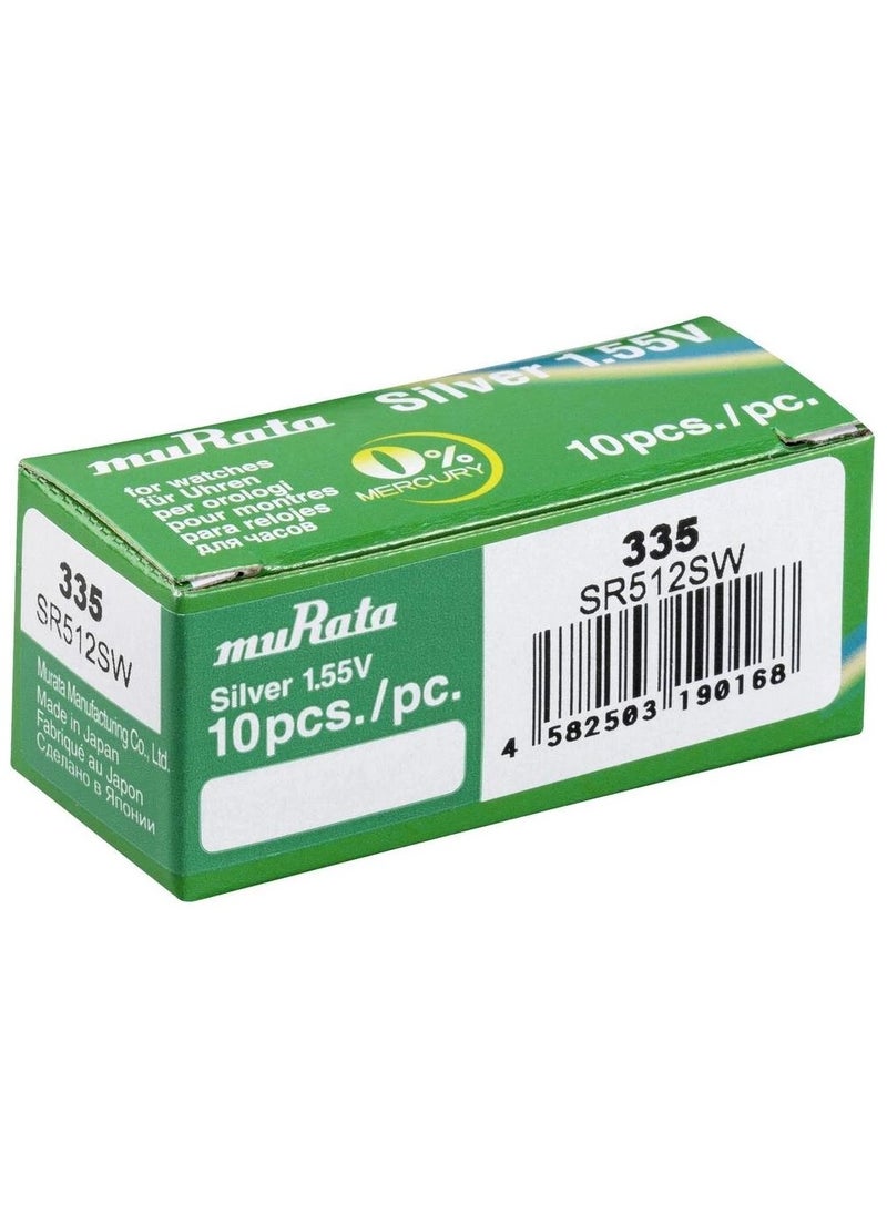 10-Pieces Murata 335 / SR512SW Silver Oxide 1.55V Watch Batteries