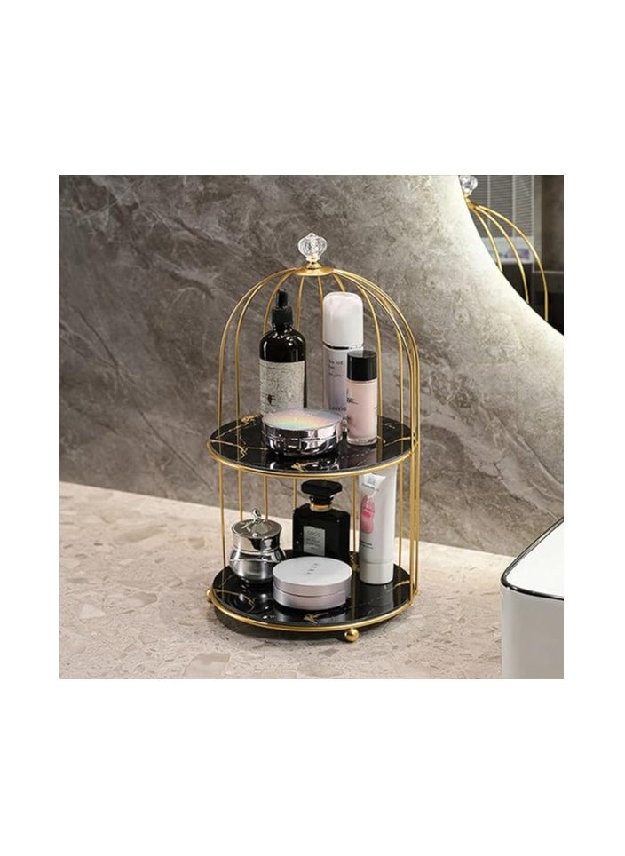 2-Tier Bathroom Makeup Storage Rack Shelf, Black Marble Countertop Tray for Cosmetics, Toiletries, Perfume & Jewelry, Elegant Vanity Storage Organizer for Dresser & Countertop