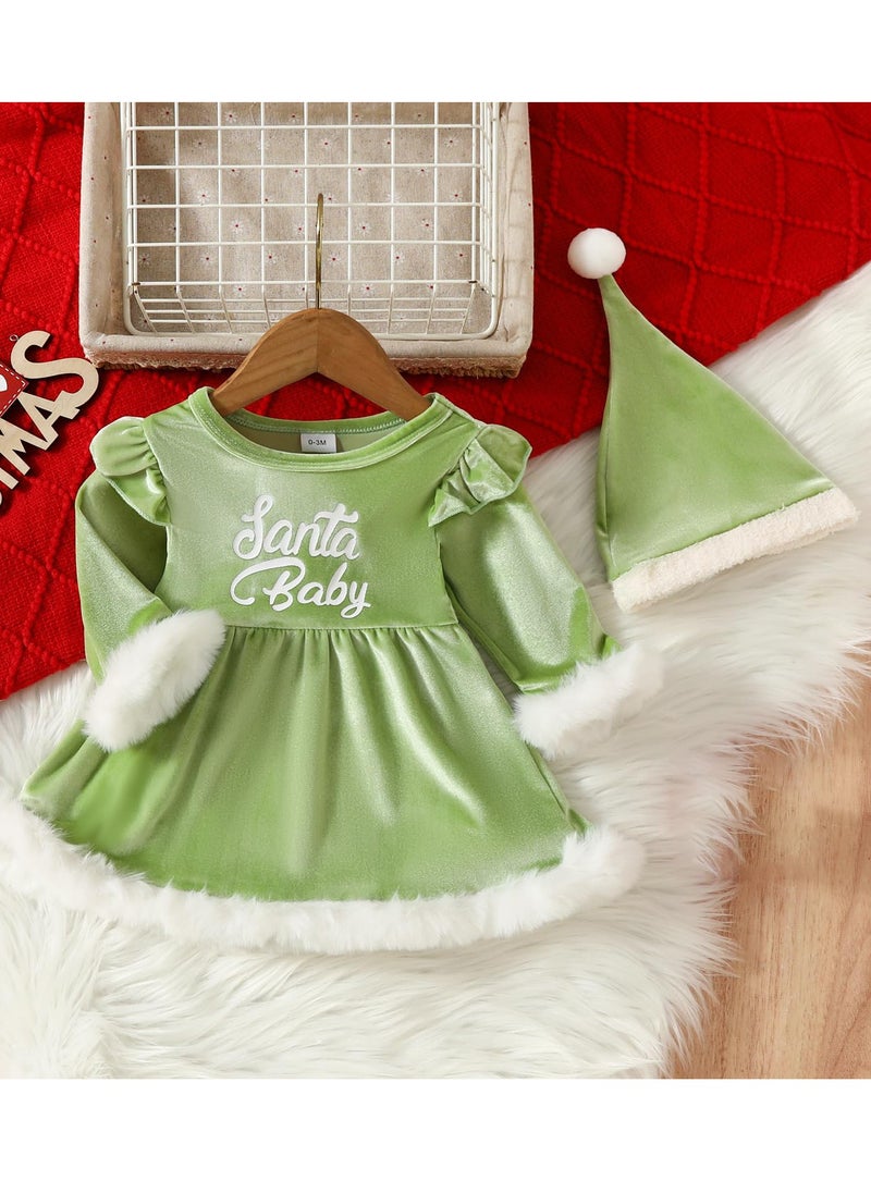 Children's Dress with Hood Velvet Jumpsuit Baby Jumpsuit Autumn and Winter Newborn Clothes Set Christmas (Green)