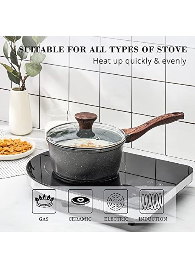 Nonstick Sauce Pan with Lid, 2QT Small Sauce Pot with Swiss Granite Coating, Stay-cool Handle, Multipurpose Handy Little Saucepan, Induction Capable, PFOA Free(18 cm)