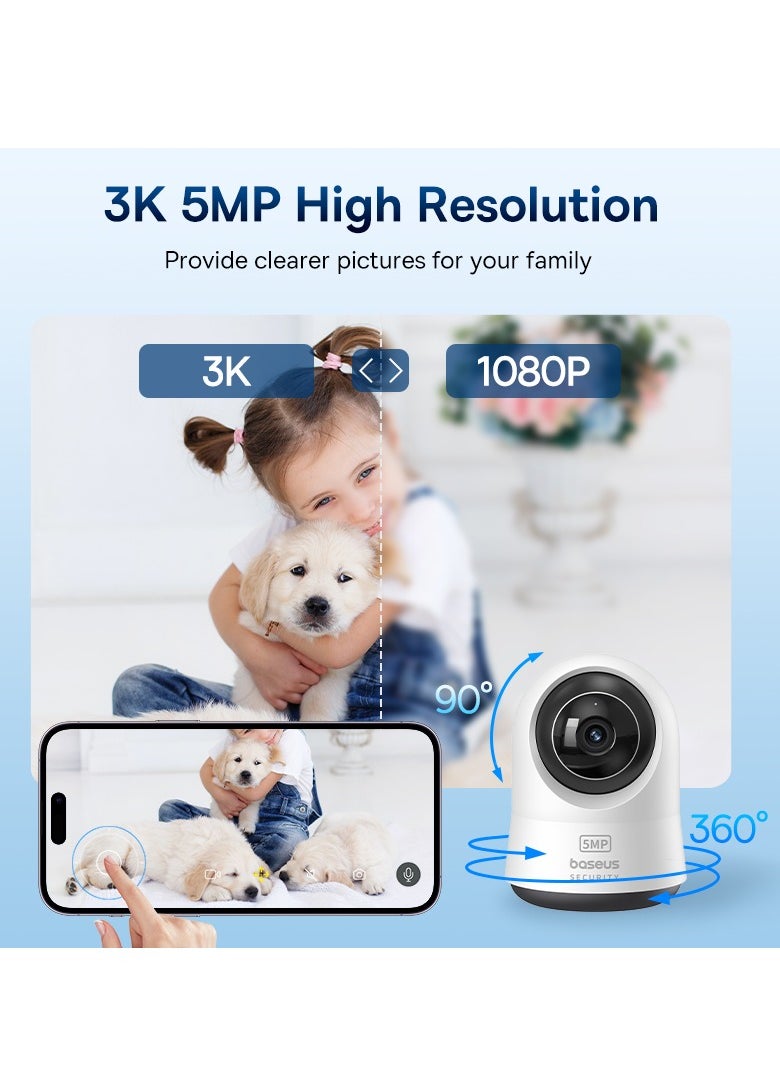 5MP 3K WiFi Indoor Security Camera with Pan & Tilt, 8x Digital Zoom, Two-Way Audio, Night Vision, Motion Detection, Baby Monitor, Supports 256GB MicroSD, Compatible with Google Assistant & Amazon Alexa, Remote Management via App, Ideal for Home Surveillance