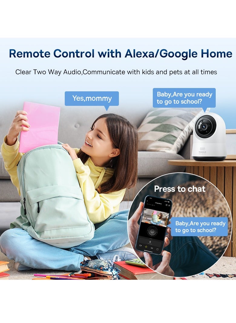 5MP 3K WiFi Indoor Security Camera with Pan & Tilt, 8x Digital Zoom, Two-Way Audio, Night Vision, Motion Detection, Baby Monitor, Supports 256GB MicroSD, Compatible with Google Assistant & Amazon Alexa, Remote Management via App, Ideal for Home Surveillance