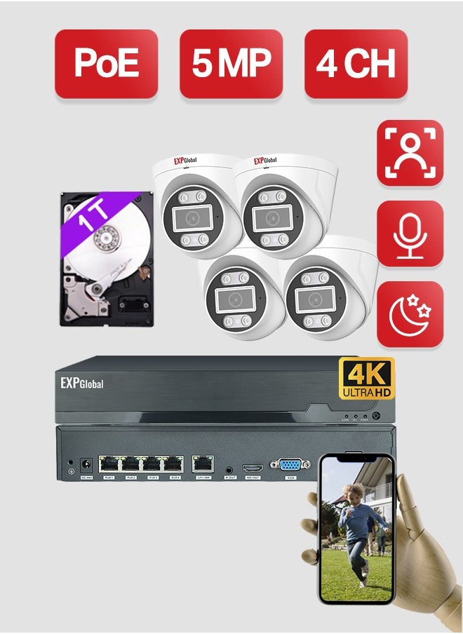 IP Video Surveillance  camera Kit CCTV PoE with 4 built-in 5 megapixel cameras and infrared illumination With 1TB hard disk