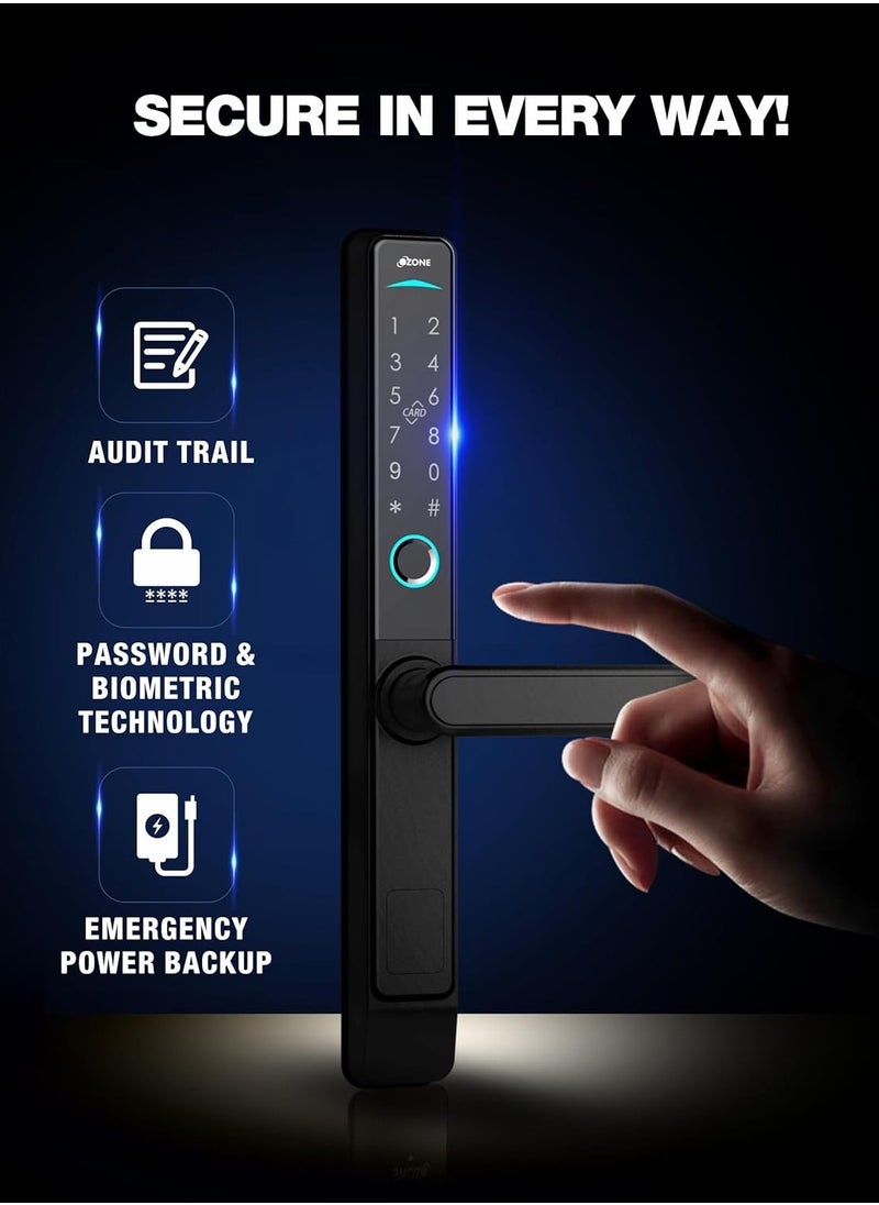 OZ FDL 33 SL STD  Narrow Style Smart Door Lock Suitable for UPVC | PVC Swing Door with Fingerprint | RFID, PIN Access & Manual Key Access | Matt Black Finish | By Ozone India