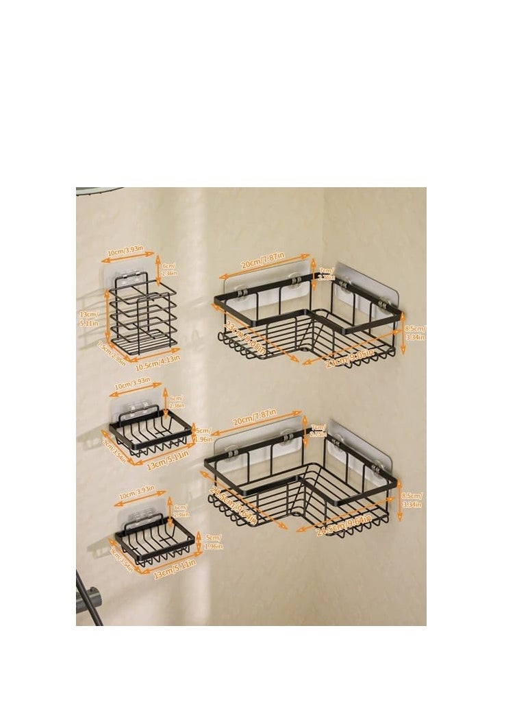 5-Piece shower caddy set adhesive shower rack and bathroom organizer soap holder, toothbrush holder with heavy-duty wall shelves for bathroom, washroom, & toilet storage l-shaped corner shelf