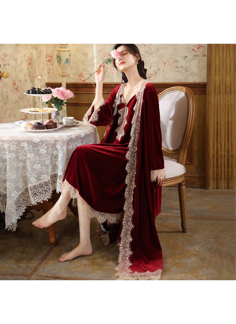 Long Sleeve Velvet Robe for Brides Winter Burgundy