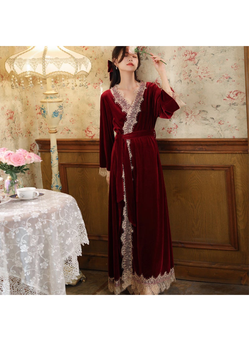 Long Sleeve Velvet Robe for Brides Winter Burgundy