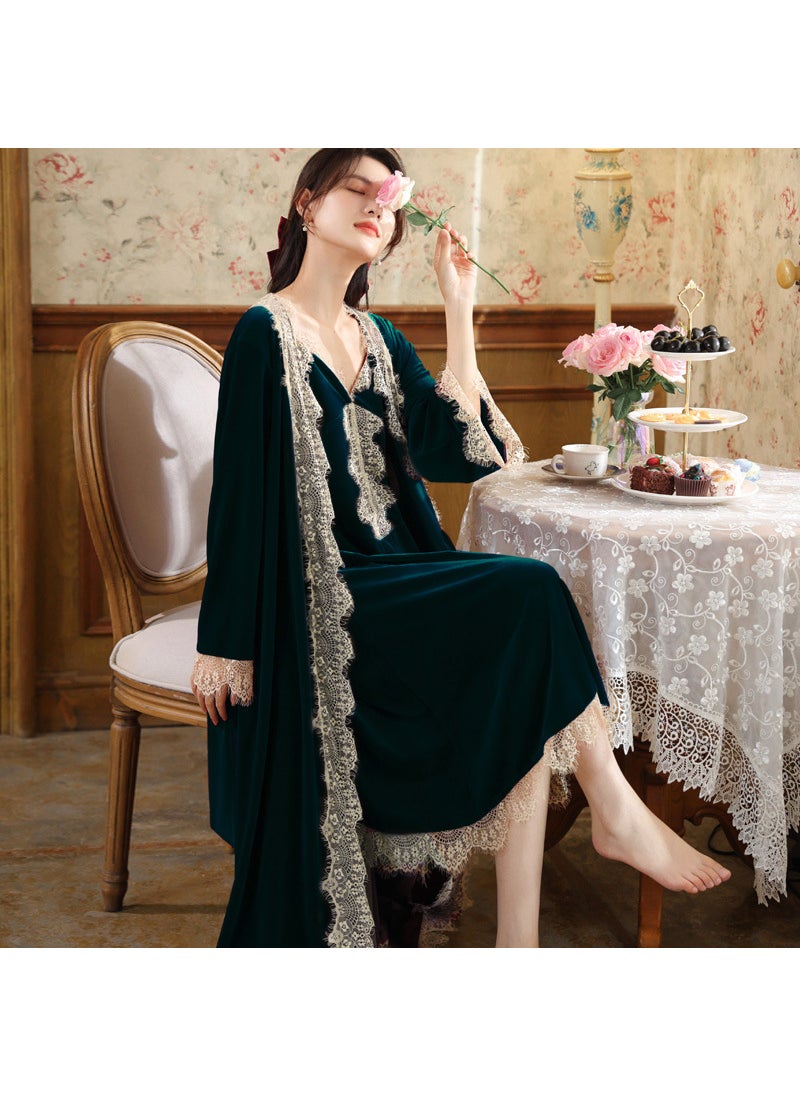Long Sleeve Velvet Robe for Brides Winter Dark green