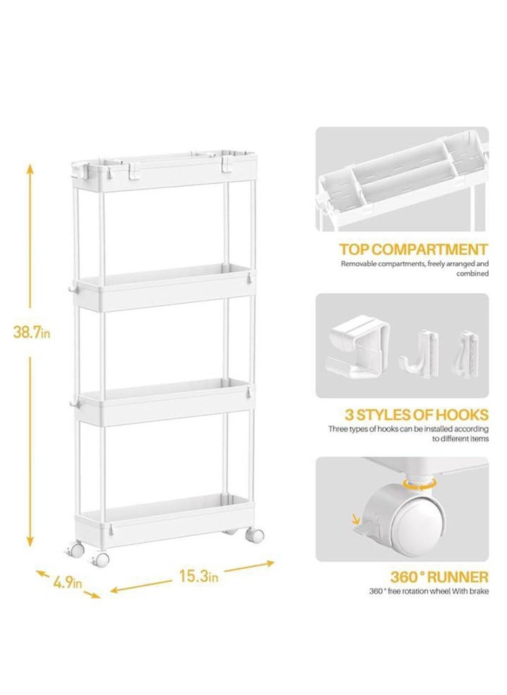 Slim Storage Cart,4 Tier Bathroom Rolling Utility Cart Storage Organizer Slide Out Cart, Mobile Shelving Unit Organizer Trolley for Office Bathroom Kitchen Laundry Room Narrow Places, (White)