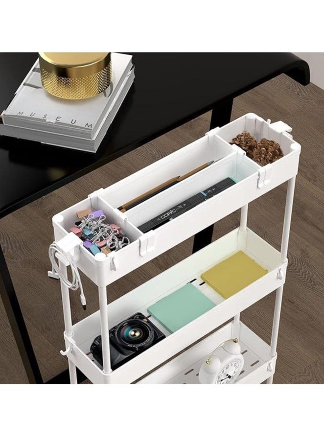 Slim Storage Cart,4 Tier Bathroom Rolling Utility Cart Storage Organizer Slide Out Cart, Mobile Shelving Unit Organizer Trolley for Office Bathroom Kitchen Laundry Room Narrow Places, (White)