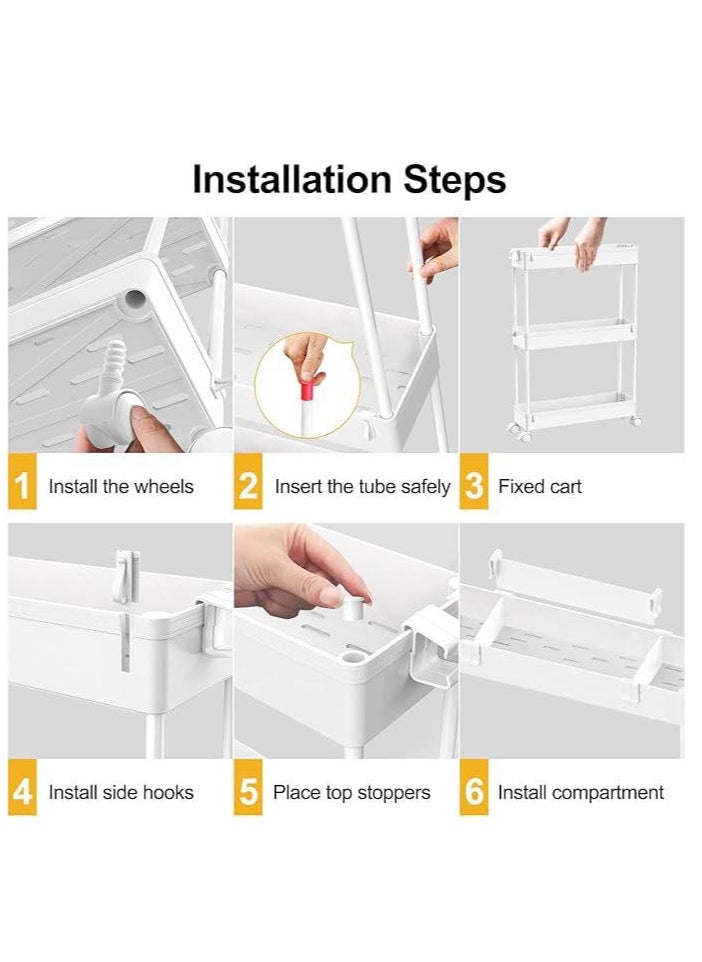 Slim Storage Cart,4 Tier Bathroom Rolling Utility Cart Storage Organizer Slide Out Cart, Mobile Shelving Unit Organizer Trolley for Office Bathroom Kitchen Laundry Room Narrow Places, (White)