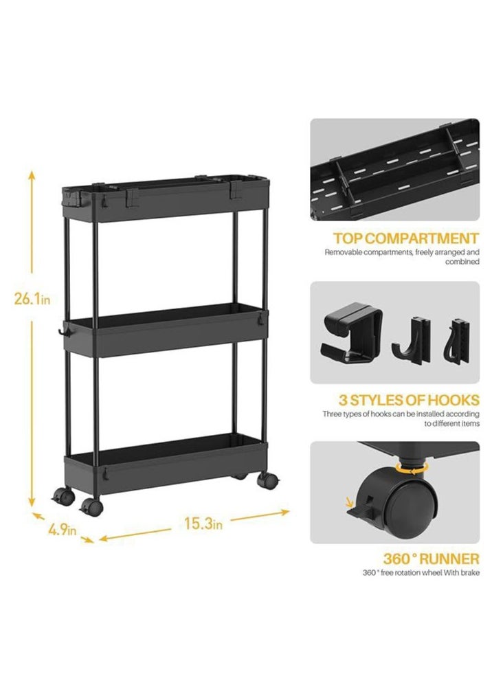 Slim Storage Cart,3 Tier Bathroom Rolling Utility Cart Storage Organizer Slide Out Cart, Mobile Shelving Unit Organizer Trolley for Office Bathroom Kitchen Laundry Room Narrow Places, (Black)