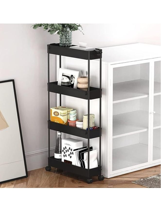 Slim Storage Cart 4 Tier, Bathroom Organizer Mobile Shelving Unit, Rolling Utility Cart Slide Out Organizer For Kitchen, Bathroom, Laundry, Narrow Places (Black)