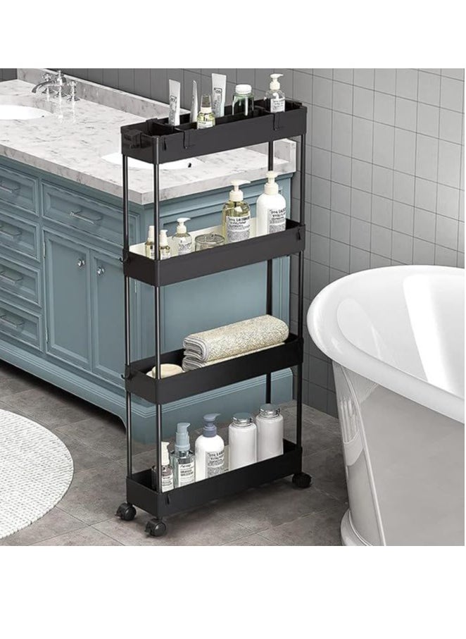 Slim Storage Cart 4 Tier, Bathroom Organizer Mobile Shelving Unit, Rolling Utility Cart Slide Out Organizer For Kitchen, Bathroom, Laundry, Narrow Places (Black)