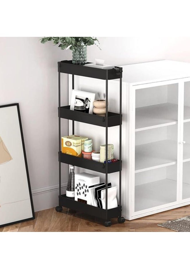 Slim Storage Cart 4 Tier, Bathroom Organizer Mobile Shelving Unit, Rolling Utility Cart Slide Out Organizer For Kitchen, Bathroom, Laundry, Narrow Places (Black)