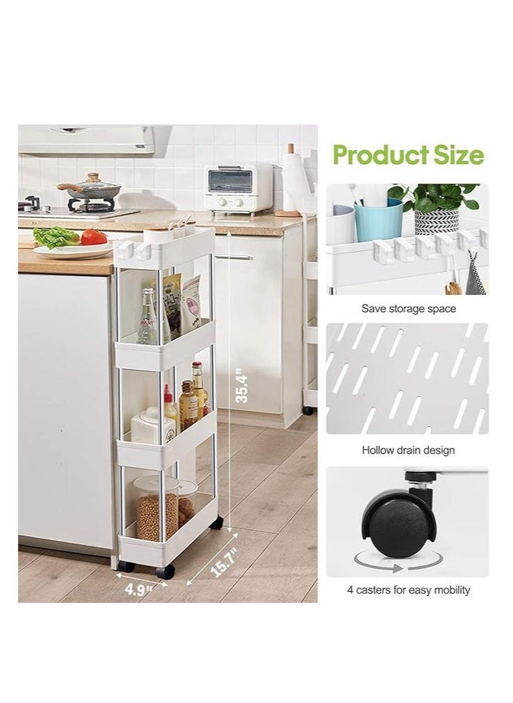 Slim -4tier Rolling Storage Cart Kitchen Shelves Organizer With Casters.Wheels Mobile Bathroom Slide Utility Cart, Small Shelf For Laundry Room, Make Up, Home School, Dorm Room (White)