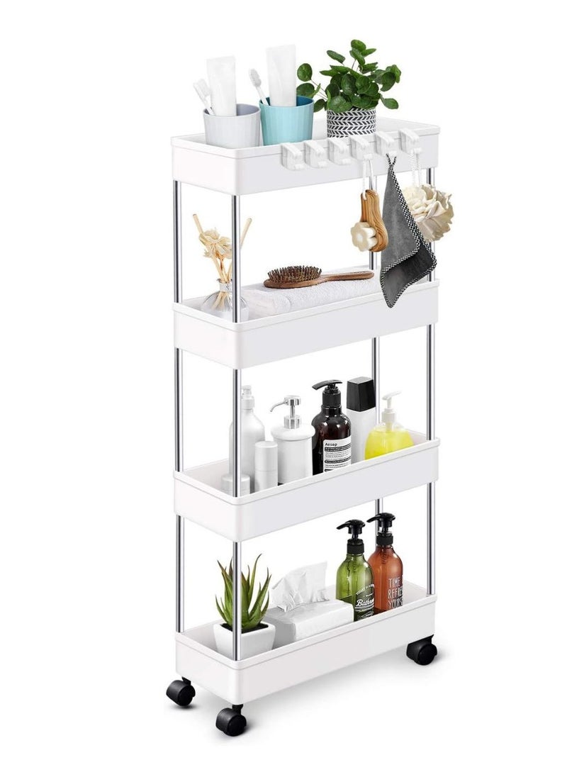 Slim -4tier Rolling Storage Cart Kitchen Shelves Organizer With Casters.Wheels Mobile Bathroom Slide Utility Cart, Small Shelf For Laundry Room, Make Up, Home School, Dorm Room (White)