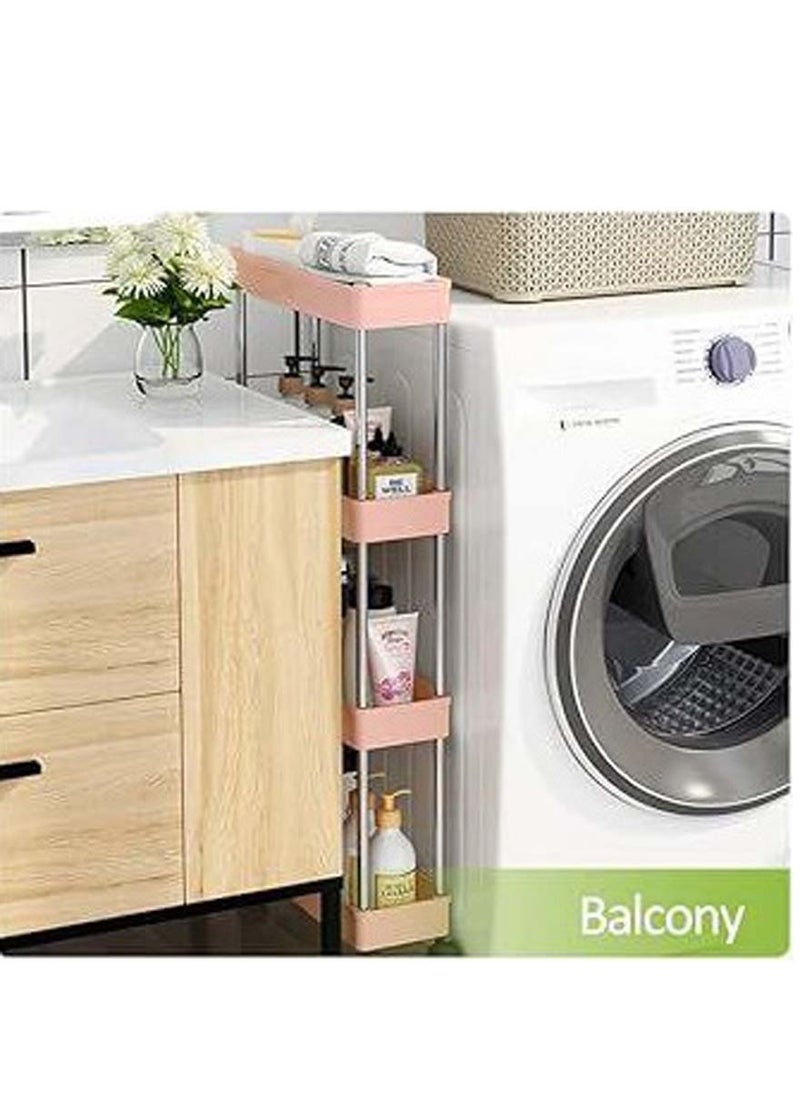 Slim Rolling Storage Cart Kitchen Small Shelves Organizer With Casters Wheels Mobile Bathroom Slide Utility Cart, Small Shelf For Laundry Room, Make Up, Home School, Dorm Room, 4-Tier, (Pink)