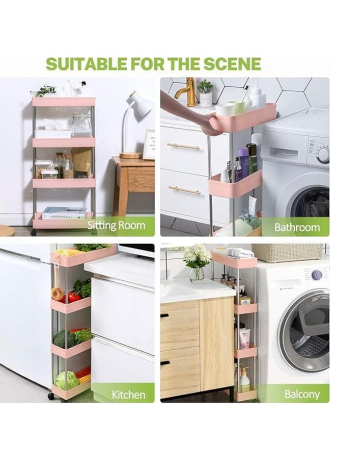 Slim Rolling Storage Cart Kitchen Small Shelves Organizer With Casters Wheels Mobile Bathroom Slide Utility Cart, Small Shelf For Laundry Room, Make Up, Home School, Dorm Room, 4-Tier, (Pink)
