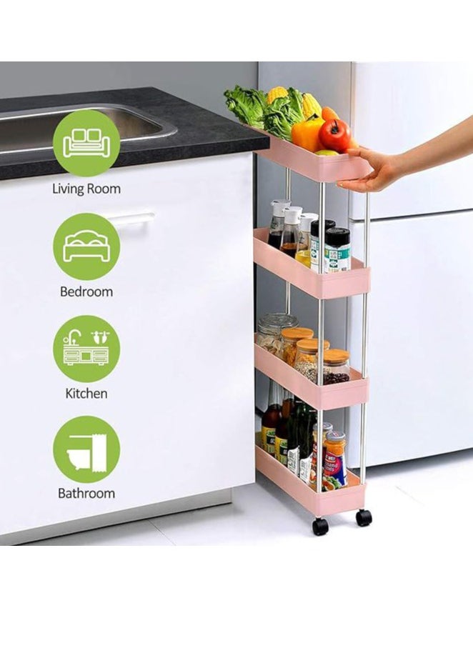 Slim Rolling Storage Cart Kitchen Small Shelves Organizer With Casters Wheels Mobile Bathroom Slide Utility Cart, Small Shelf For Laundry Room, Make Up, Home School, Dorm Room, 4-Tier, (Pink)