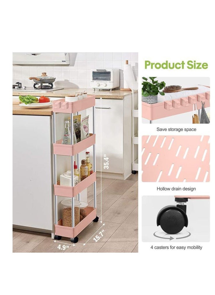 Slim Rolling Storage Cart Kitchen Small Shelves Organizer With Casters Wheels Mobile Bathroom Slide Utility Cart, Small Shelf For Laundry Room, Make Up, Home School, Dorm Room, 4-Tier, (Pink)
