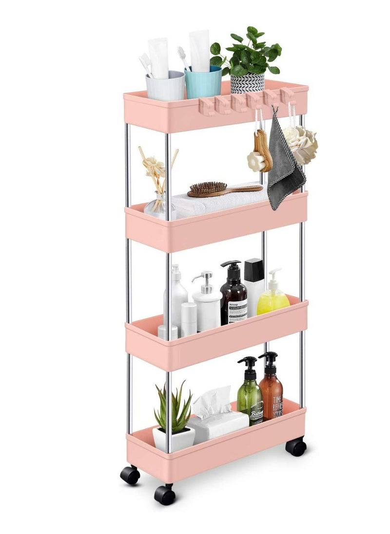 Slim Rolling Storage Cart Kitchen Small Shelves Organizer With Casters Wheels Mobile Bathroom Slide Utility Cart, Small Shelf For Laundry Room, Make Up, Home School, Dorm Room, 4-Tier, (Pink)