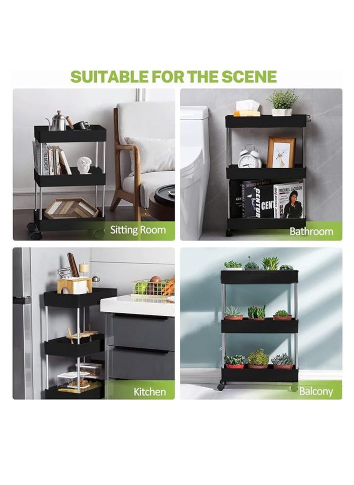 Bathroom Rolling Storage Cart With Wheels Kitchen Utility Cart Casters Mobile Laundry Organizer Shelves For Room Organizers, Make Up, Home School, Dorm Room Office Essentials 3-Tier (Black)