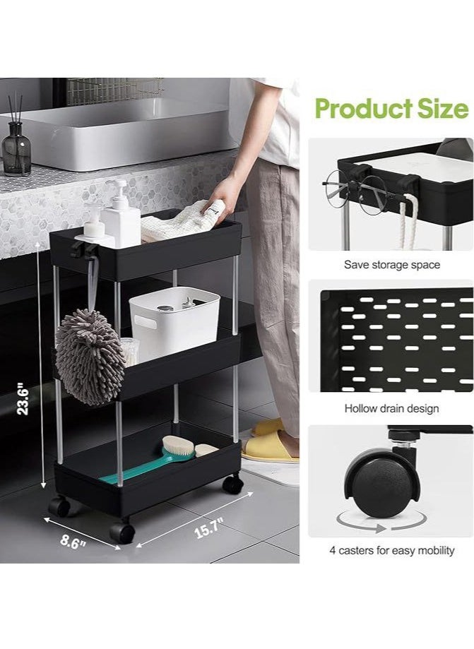 Bathroom Rolling Storage Cart With Wheels Kitchen Utility Cart Casters Mobile Laundry Organizer Shelves For Room Organizers, Make Up, Home School, Dorm Room Office Essentials 3-Tier (Black)