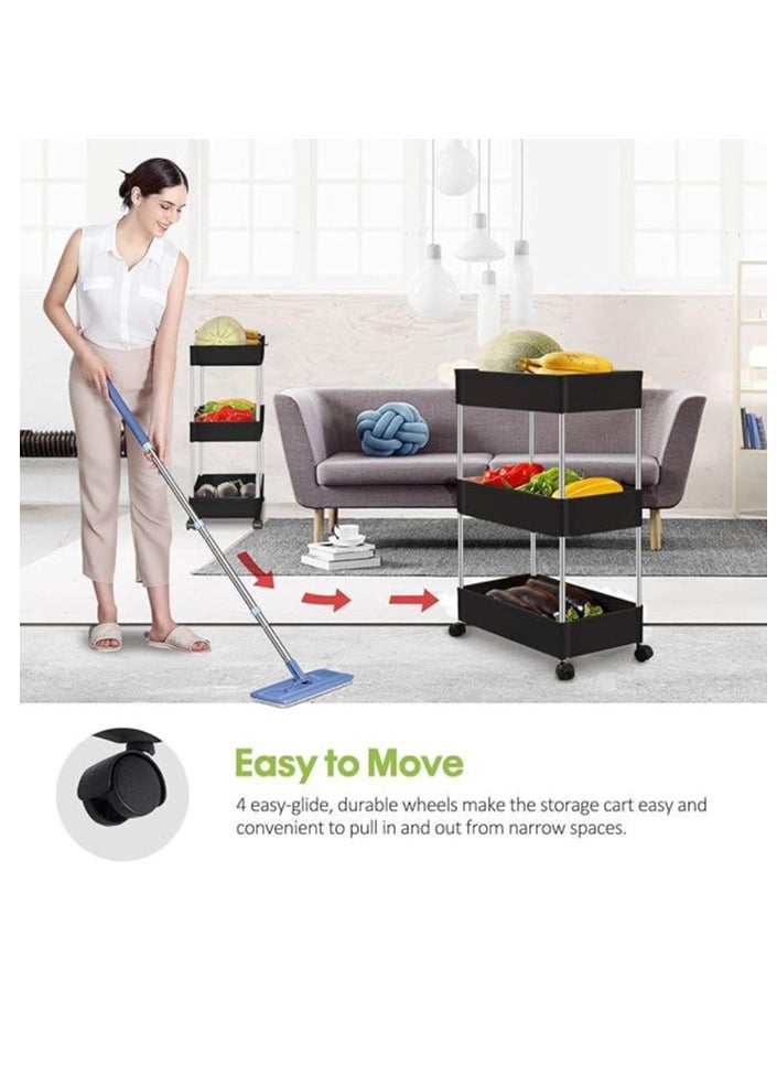 Bathroom Rolling Storage Cart With Wheels Kitchen Utility Cart Casters Mobile Laundry Organizer Shelves For Room Organizers, Make Up, Home School, Dorm Room Office Essentials 3-Tier (Black)