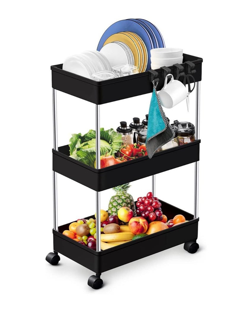 Bathroom Rolling Storage Cart With Wheels Kitchen Utility Cart Casters Mobile Laundry Organizer Shelves For Room Organizers, Make Up, Home School, Dorm Room Office Essentials 3-Tier (Black)