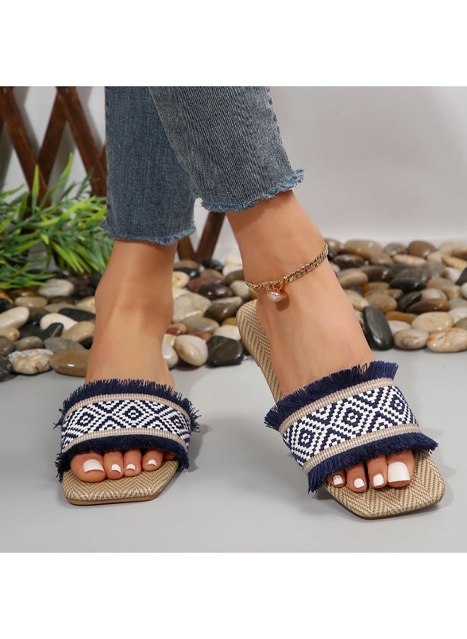 Vacation Slide Sandals Women Geometric Pattern Fringe Decor Fabric Sandals for Ladies