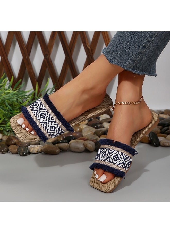 Vacation Slide Sandals Women Geometric Pattern Fringe Decor Fabric Sandals for Ladies